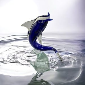 Vtg Italian Murano? Cobalt Blue Dolphin On Wave Sculpture Art Glass Paperweight